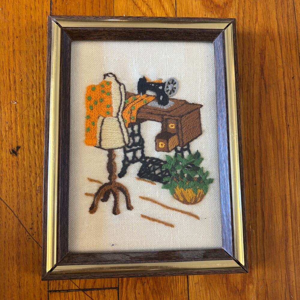 Vintage 70s Jiffy Stitchery Sewing Machine Dress Form Crewel Art Framed